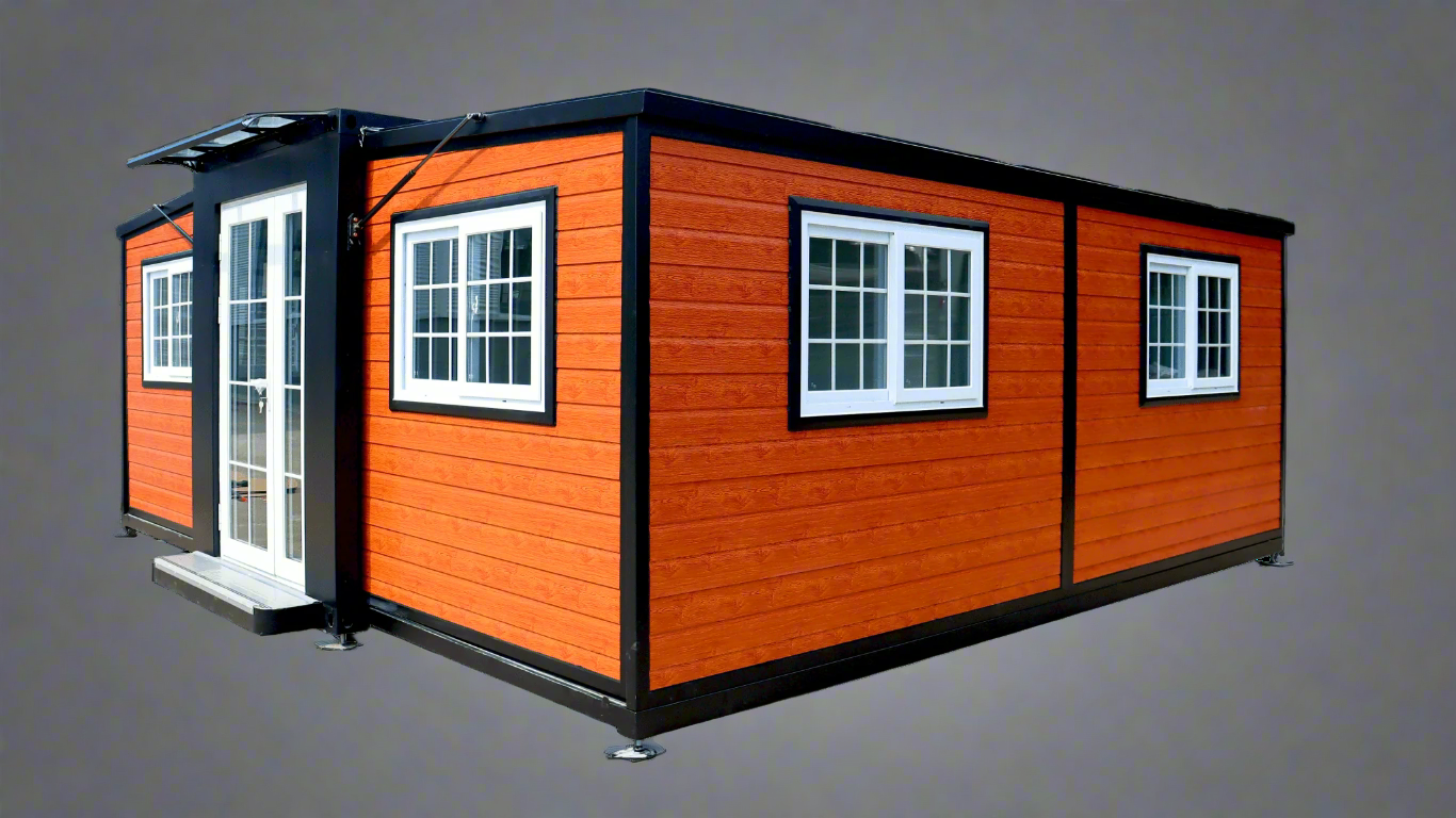 Exterior view of 2-bedroom deluxe folding house

Modern prefabricated orange modular home

Inside view of compact folding prefab unit

Kitchen area with electric setup in prefab home

Folding house with porch roof kit variant