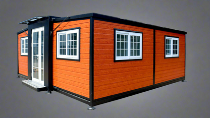 Exterior view of 2-bedroom deluxe folding house

Modern prefabricated orange modular home

Inside view of compact folding prefab unit

Kitchen area with electric setup in prefab home

Folding house with porch roof kit variant