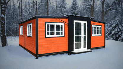 Exterior view of 2-bedroom deluxe folding house

Modern prefabricated orange modular home

Inside view of compact folding prefab unit

Kitchen area with electric setup in prefab home

Folding house with porch roof kit variant