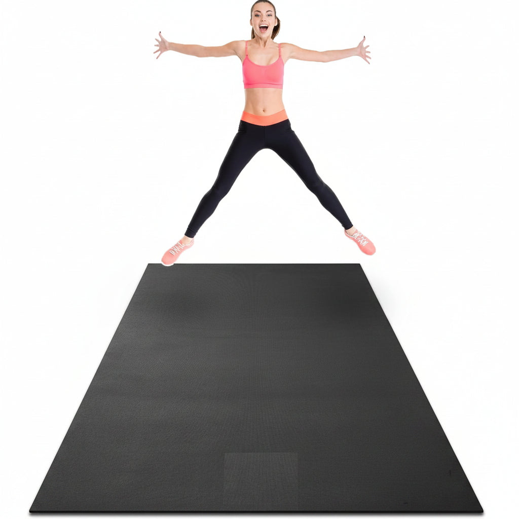 woman exercising on black non-slip fitness mat at home

large gorilla mat for home gym with yoga straps

extra thick workout mat for HIIT and cardio training

folded 7mm thick gym mat with carry handle

yoga and strength training on extra-large exercise mat