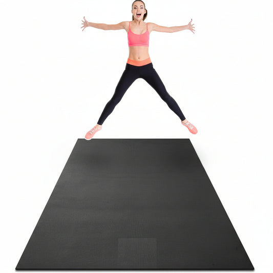 woman exercising on black non-slip fitness mat at home

large gorilla mat for home gym with yoga straps

extra thick workout mat for HIIT and cardio training

folded 7mm thick gym mat with carry handle

yoga and strength training on extra-large exercise mat