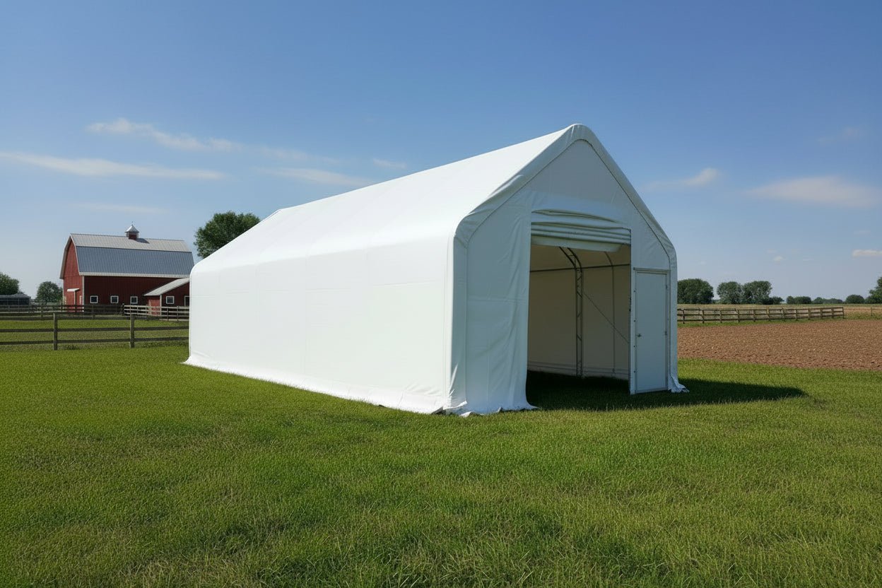 New Pro Series Extreme Duty PVC Fabric Storage Buildings Double Truss 8 FT – Commercial Storage Shelter | All Sizes - with 203216DPX –20ft Wide | Sold by Uncle Wiener's Wholesale