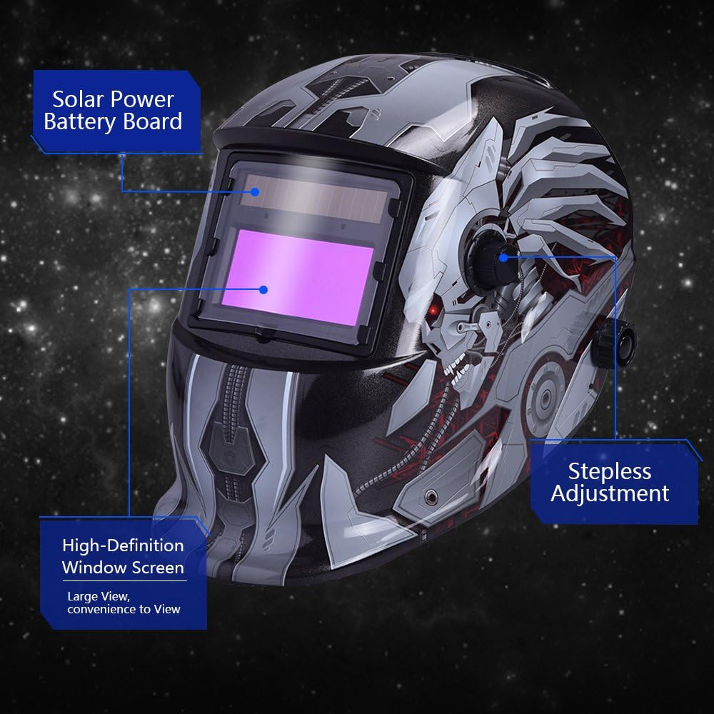 “Pro solar auto-darkening welding helmet in black with large view”

“HD89K welding helmet with adjustable fit and grinding mode”

“Solar-powered welding safety mask for professional use”