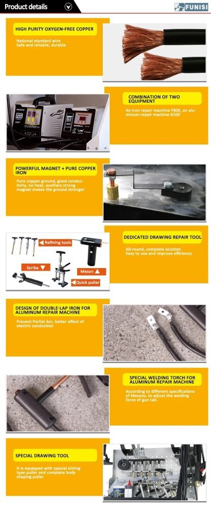 Main view of professional auto body dent welder machine

Welding gun and accessory layout in body shop

Open kit showing stud welder and tools

Slide hammer and puller accessories in case

Operational view of dent repair welder setup