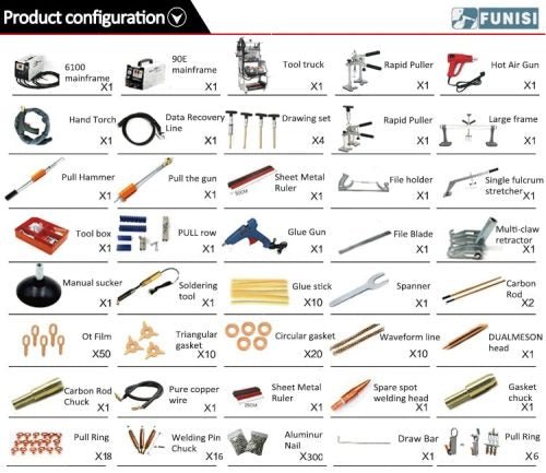 Main view of professional auto body dent welder machine

Welding gun and accessory layout in body shop

Open kit showing stud welder and tools

Slide hammer and puller accessories in case

Operational view of dent repair welder setup