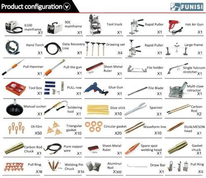 Main view of professional auto body dent welder machine

Welding gun and accessory layout in body shop

Open kit showing stud welder and tools

Slide hammer and puller accessories in case

Operational view of dent repair welder setup