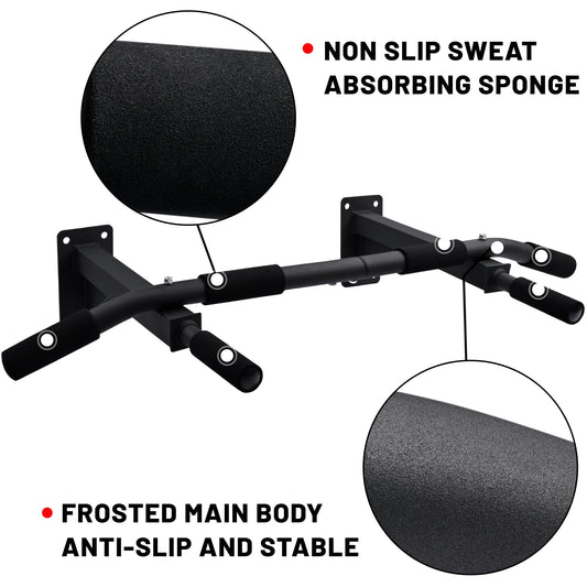 Wall-mounted black steel pull-up bar – front angle view

Pull-up bar installed on wall for home gym

Multi-grip fitness pull-up bar with foam handles

Compact strength training bar for upper-body workouts

Wall mount hardware and bar installation demonstration