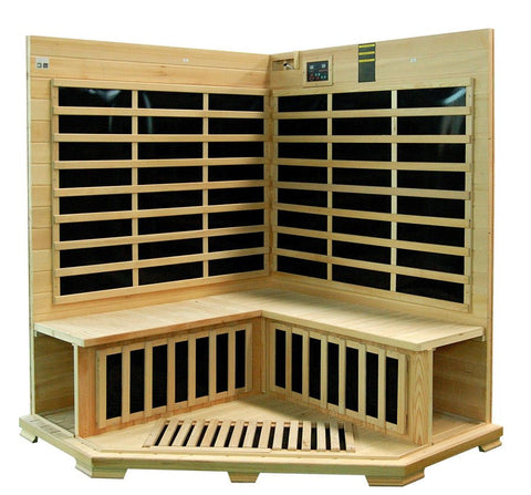 New Pure Steam & Bath™ 4 - Person Corner Hemlock Sauna – Carbon Fiber Infrared, FM/CD, Ionizer, 2340W - with | Sold by Uncle Wiener's Wholesale