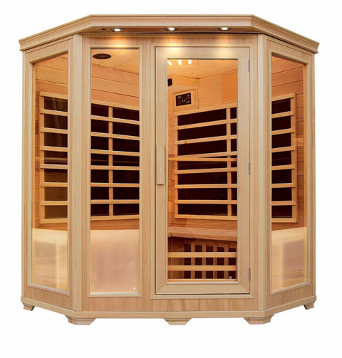 New Pure Steam & Bath™ 4 - Person Corner Hemlock Sauna – Carbon Fiber Infrared, FM/CD, Ionizer, 2340W - with | Sold by Uncle Wiener's Wholesale