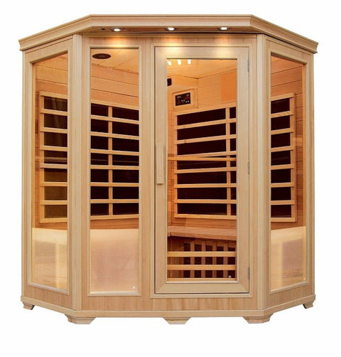 New Pure Steam & Bath™ 4 - Person Corner Hemlock Sauna – Carbon Fiber Infrared, FM/CD, Ionizer, 2340W - with | Sold by Uncle Wiener's Wholesale