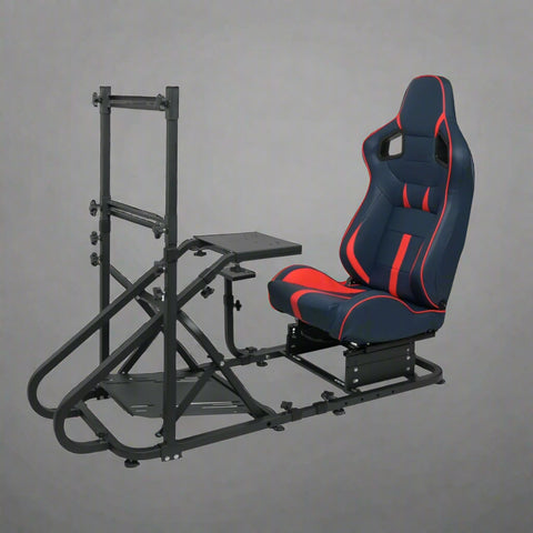 Racing simulator seat with adjustable wheel stand – full setup

Ergonomic racing chair with monitor and pedal mount

Side view of Logitech-compatible racing cockpit

Foldable racing simulator frame – steel construction

Adjustable steering wheel and pedal mount close-up