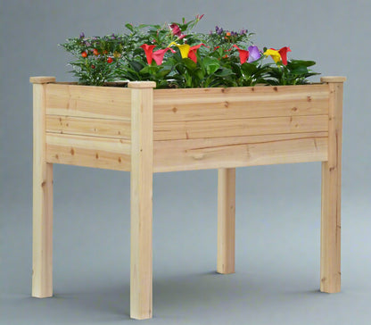 Wood raised garden bed with green greenhouse cover for backyard gardening

Elevated outdoor planter box with legs and protective greenhouse top

Side view of wooden garden planter for vegetables or herbs

Assembled raised garden box with protective cover and ventilation flap