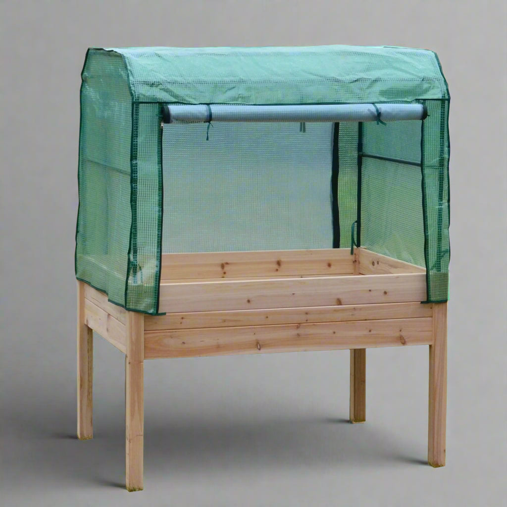 Wood raised garden bed with green greenhouse cover for backyard gardening

Elevated outdoor planter box with legs and protective greenhouse top

Side view of wooden garden planter for vegetables or herbs

Assembled raised garden box with protective cover and ventilation flap