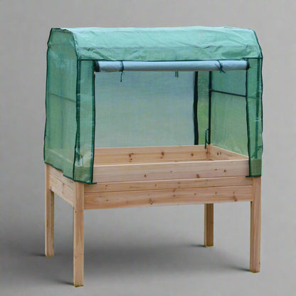 Wood raised garden bed with green greenhouse cover for backyard gardening

Elevated outdoor planter box with legs and protective greenhouse top

Side view of wooden garden planter for vegetables or herbs

Assembled raised garden box with protective cover and ventilation flap