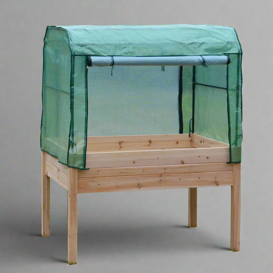 Wood raised garden bed with green greenhouse cover for backyard gardening

Elevated outdoor planter box with legs and protective greenhouse top

Side view of wooden garden planter for vegetables or herbs

Assembled raised garden box with protective cover and ventilation flap