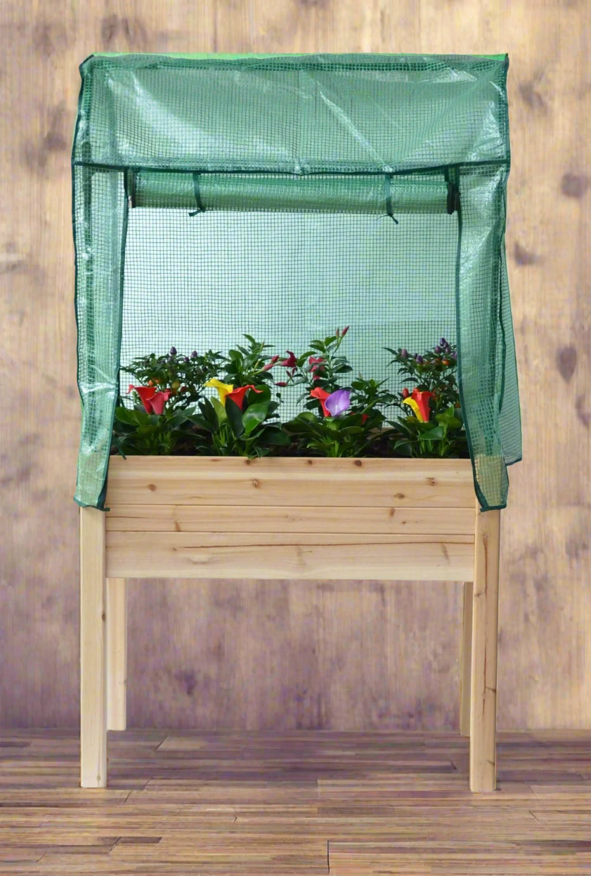 Raised garden planter with greenhouse cover 35.5x23.5x30 inches

Elevated fir wood garden bed with clear PVC cover

Weather-protected garden box for vegetables and herbs

Compact greenhouse planter for patios and balconies

Removable cover on wooden raised bed planter RGT131GH