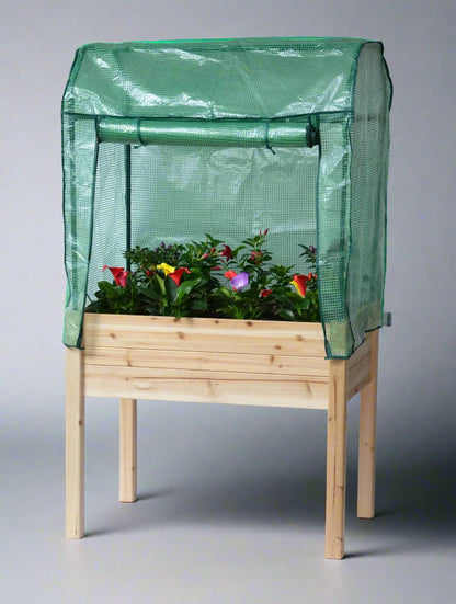 Raised garden planter with greenhouse cover 35.5x23.5x30 inches

Elevated fir wood garden bed with clear PVC cover

Weather-protected garden box for vegetables and herbs

Compact greenhouse planter for patios and balconies

Removable cover on wooden raised bed planter RGT131GH