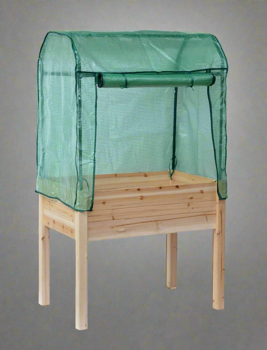 Raised garden planter with greenhouse cover 35.5x23.5x30 inches

Elevated fir wood garden bed with clear PVC cover

Weather-protected garden box for vegetables and herbs

Compact greenhouse planter for patios and balconies

Removable cover on wooden raised bed planter RGT131GH