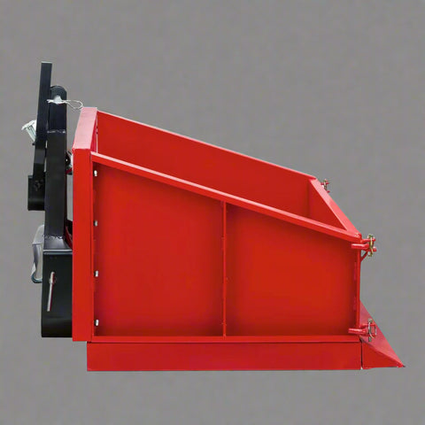 Rear tipping bin 3-point hitch steel attachment for tractor
Red rear tractor tipping bin – powder-coated steel frame
Rear 3-point tipping bin attached to small tractor