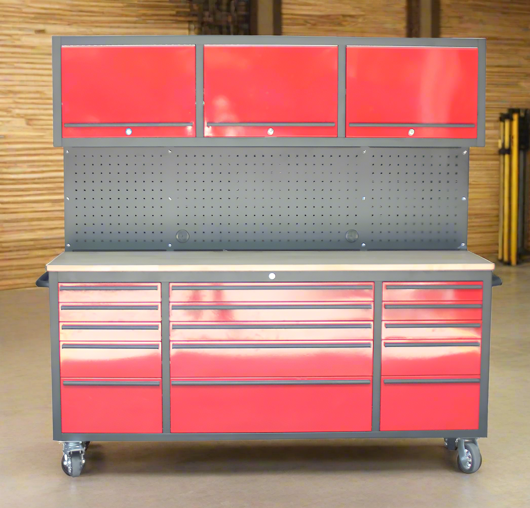 Red 17-drawer rolling tool chest with workbench top
Heavy-duty garage tool cabinet with rubberwood work surface
Industrial mobile workbench with 15 smooth-glide drawers
Garage storage cabinet with aluminum handles and locking system