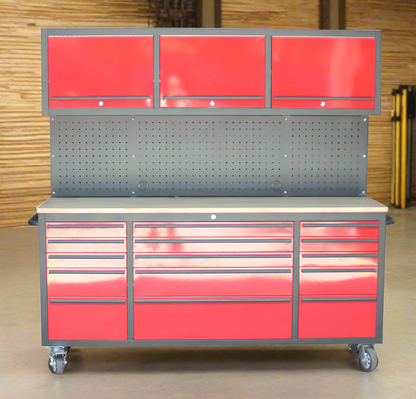 Red 17-drawer rolling tool chest with workbench top
Heavy-duty garage tool cabinet with rubberwood work surface
Industrial mobile workbench with 15 smooth-glide drawers
Garage storage cabinet with aluminum handles and locking system