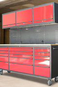 Red 17-drawer rolling tool chest with workbench top
Heavy-duty garage tool cabinet with rubberwood work surface
Industrial mobile workbench with 15 smooth-glide drawers
Garage storage cabinet with aluminum handles and locking system
