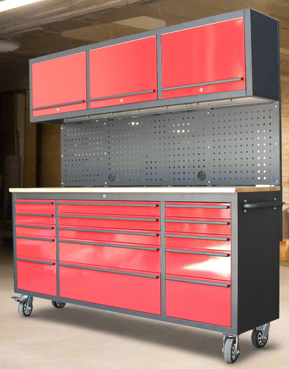 Red 17-drawer rolling tool chest with workbench top
Heavy-duty garage tool cabinet with rubberwood work surface
Industrial mobile workbench with 15 smooth-glide drawers
Garage storage cabinet with aluminum handles and locking system