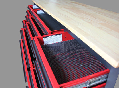 Red 17-drawer rolling tool chest with workbench top
Heavy-duty garage tool cabinet with rubberwood work surface
Industrial mobile workbench with 15 smooth-glide drawers
Garage storage cabinet with aluminum handles and locking system