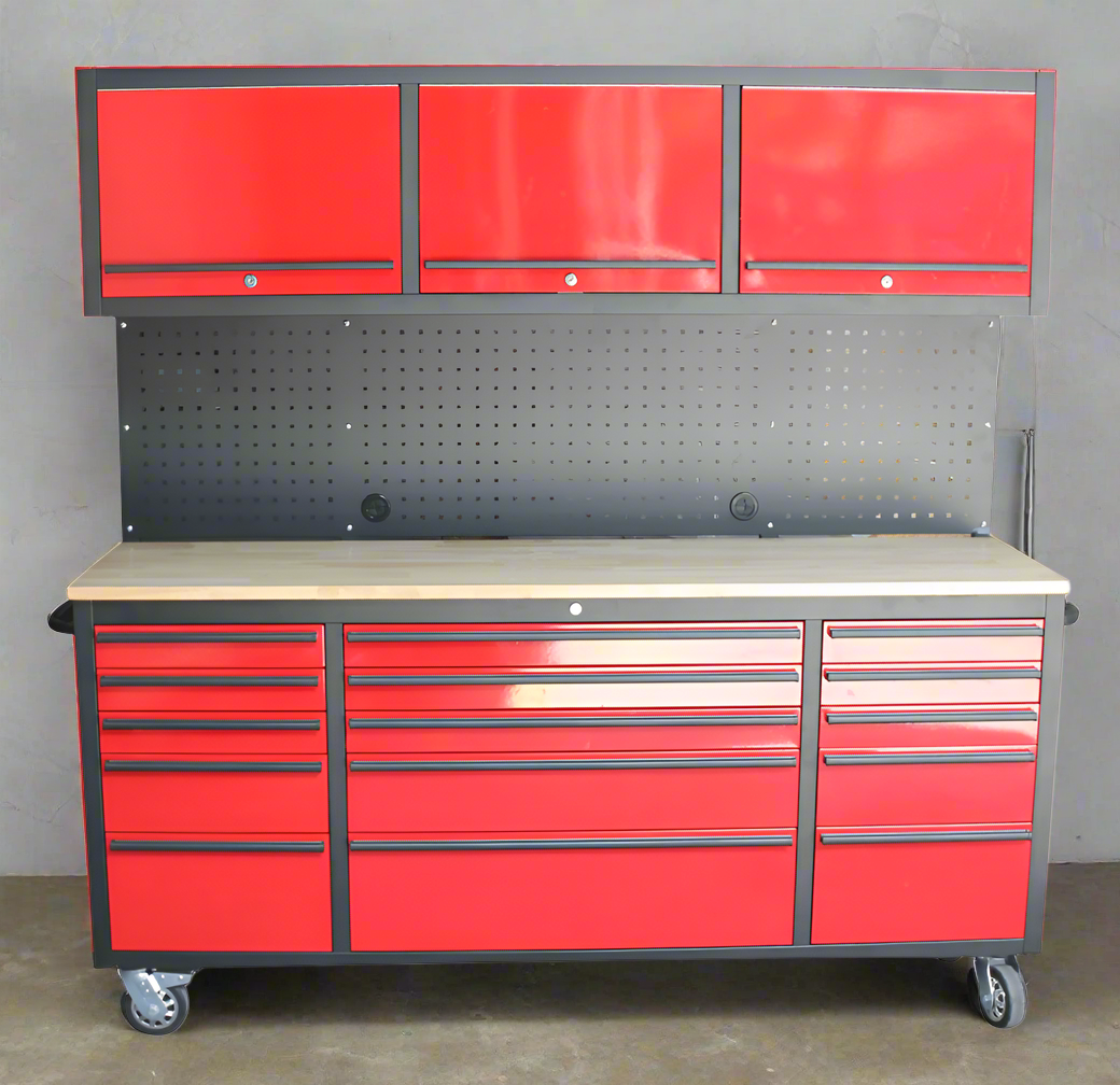 Red 17-drawer rolling tool chest with workbench top
Heavy-duty garage tool cabinet with rubberwood work surface
Industrial mobile workbench with 15 smooth-glide drawers
Garage storage cabinet with aluminum handles and locking system