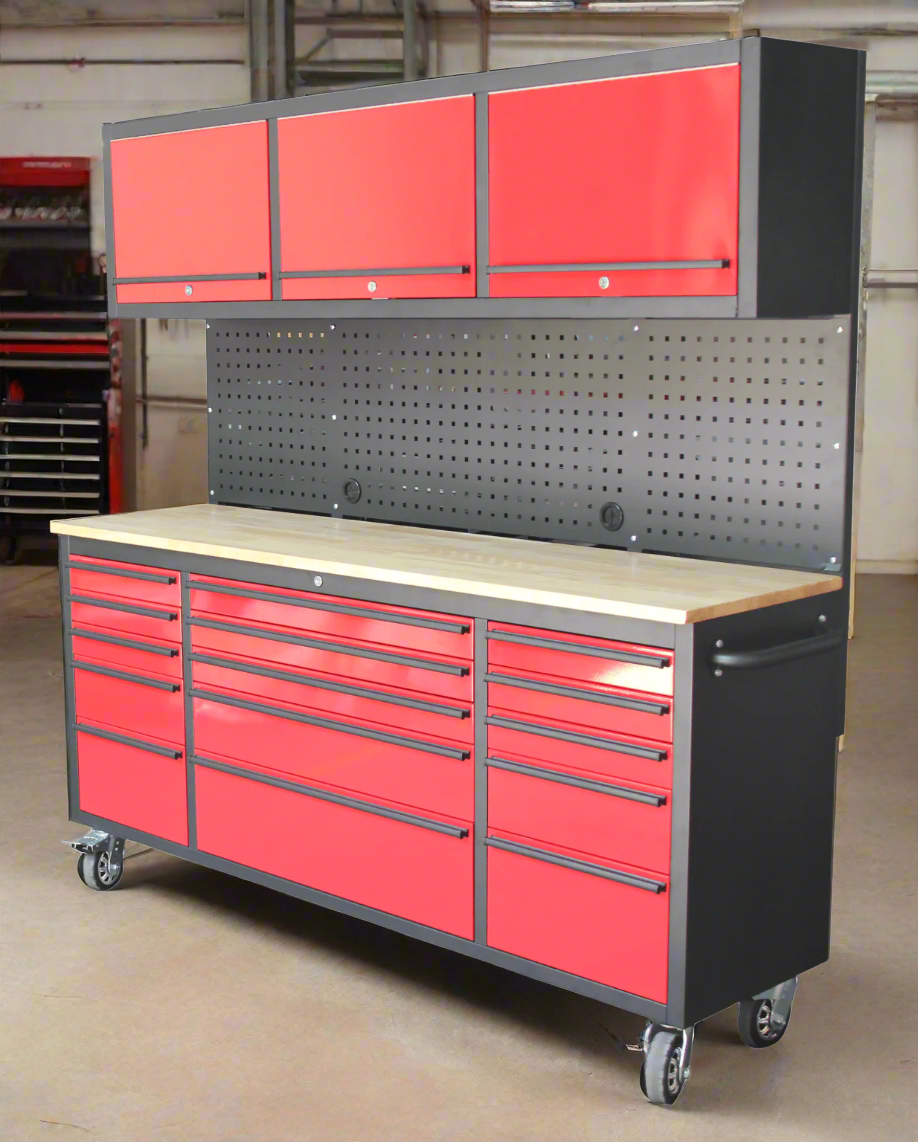 Red 17-drawer rolling tool chest with workbench top
Heavy-duty garage tool cabinet with rubberwood work surface
Industrial mobile workbench with 15 smooth-glide drawers
Garage storage cabinet with aluminum handles and locking system