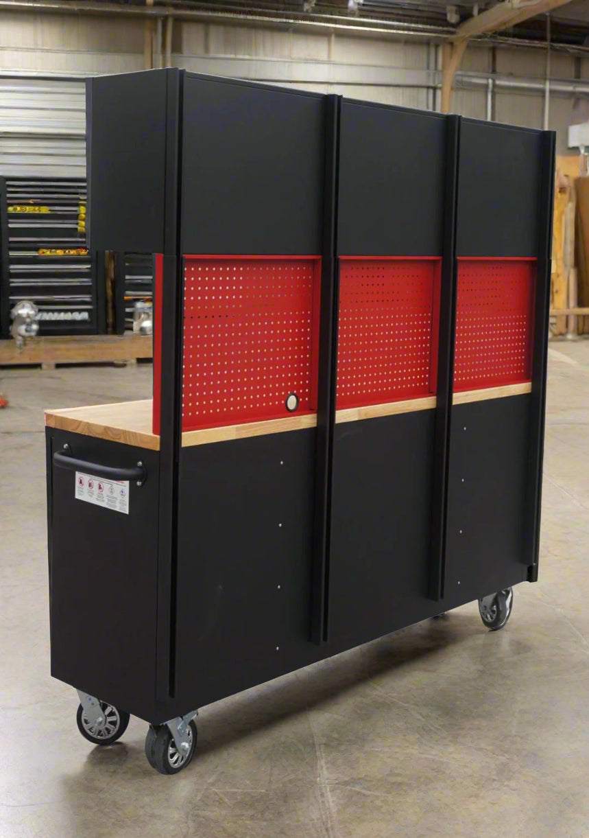 Red 17-drawer rolling tool chest with workbench top
Heavy-duty garage tool cabinet with rubberwood work surface
Industrial mobile workbench with 15 smooth-glide drawers
Garage storage cabinet with aluminum handles and locking system
