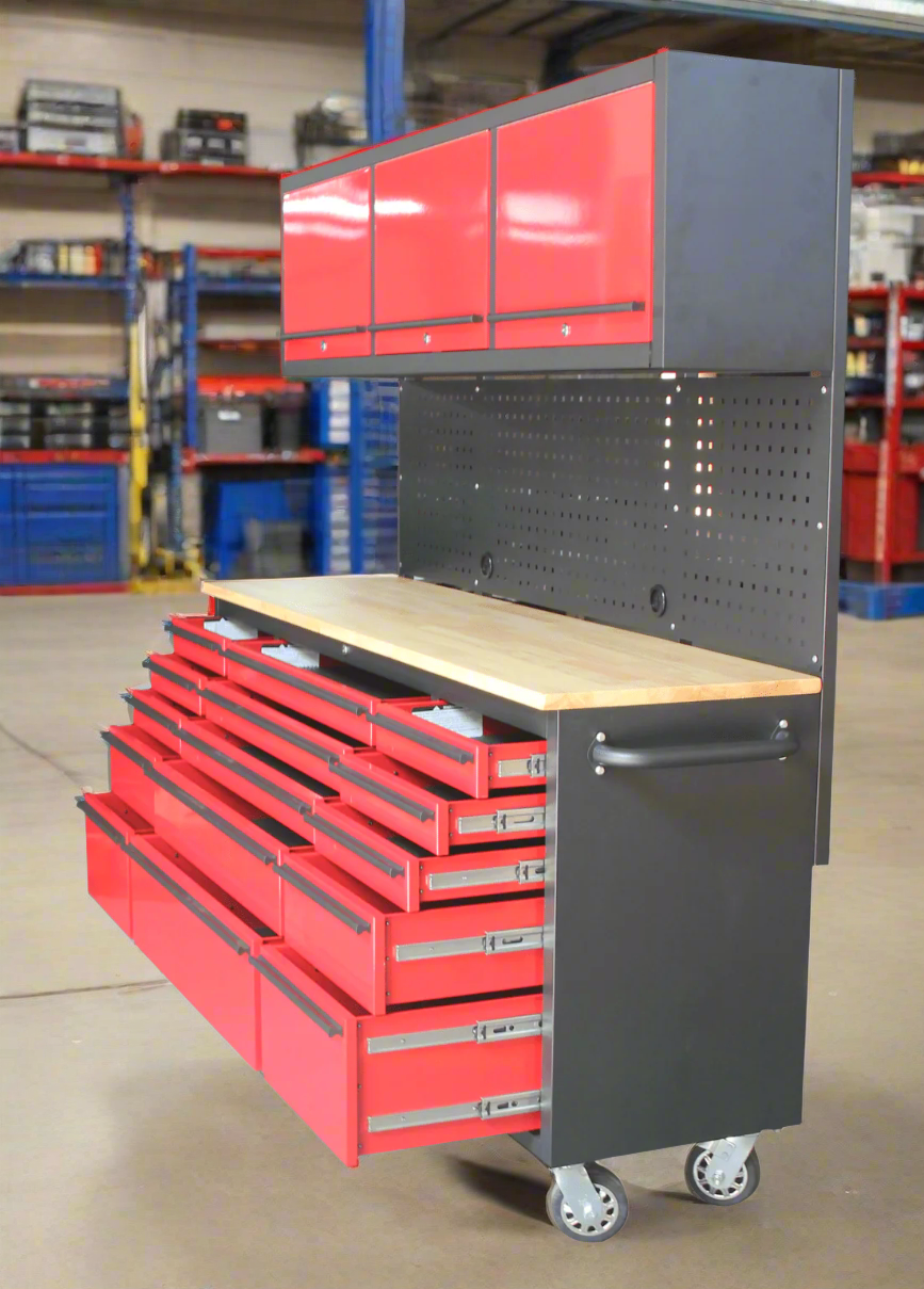 Red 17-drawer rolling tool chest with workbench top
Heavy-duty garage tool cabinet with rubberwood work surface
Industrial mobile workbench with 15 smooth-glide drawers
Garage storage cabinet with aluminum handles and locking system