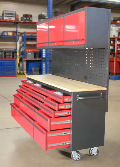 Red 17-drawer rolling tool chest with workbench top
Heavy-duty garage tool cabinet with rubberwood work surface
Industrial mobile workbench with 15 smooth-glide drawers
Garage storage cabinet with aluminum handles and locking system