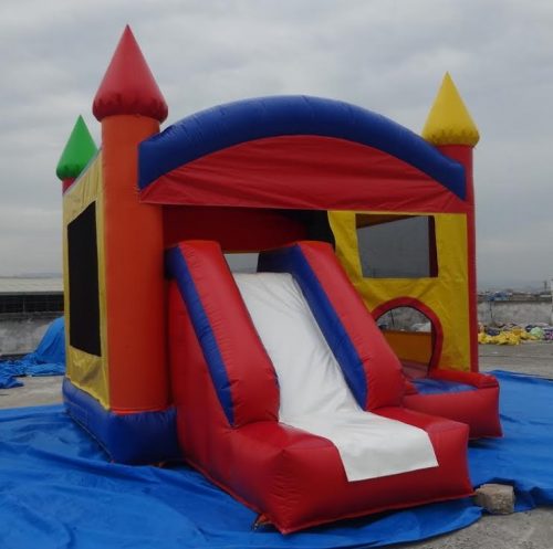 Red and blue bouncy castle with inflatable slide for commercial rental
18 ft long PVC inflatable bounce house and slide combo
Durable rental-grade inflatable with blower and safety features
Side view of heavy-duty bouncy castle in vibrant colors
Inflatable slide combo designed for kids' events and parties