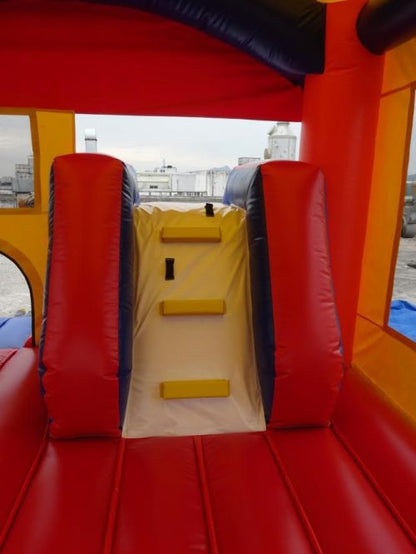 Red and blue bouncy castle with inflatable slide for commercial rental
18 ft long PVC inflatable bounce house and slide combo
Durable rental-grade inflatable with blower and safety features
Side view of heavy-duty bouncy castle in vibrant colors
Inflatable slide combo designed for kids' events and parties