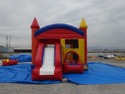 Red and blue bouncy castle with inflatable slide for commercial rental
18 ft long PVC inflatable bounce house and slide combo
Durable rental-grade inflatable with blower and safety features
Side view of heavy-duty bouncy castle in vibrant colors
Inflatable slide combo designed for kids' events and parties