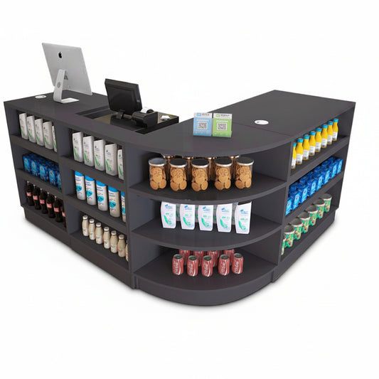 New Retail Display & Checkout Counters – Multiple Styles & Sizes | Gray Finish - with 60 Flat Desk 23.6″ × 23.6″ × 35.4″ | Sold by Uncle Wiener's Wholesale