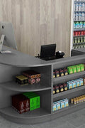 New Retail Display & Checkout Counters – Multiple Styles & Sizes | Gray Finish - with 90 Flat Desk 23.6″ × 23.6″ × 35.4″ | Sold by Uncle Wiener's Wholesale