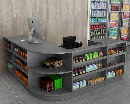 New Retail Display & Checkout Counters – Multiple Styles & Sizes | Gray Finish - with 90 Flat Desk 23.6″ × 23.6″ × 35.4″ | Sold by Uncle Wiener's Wholesale