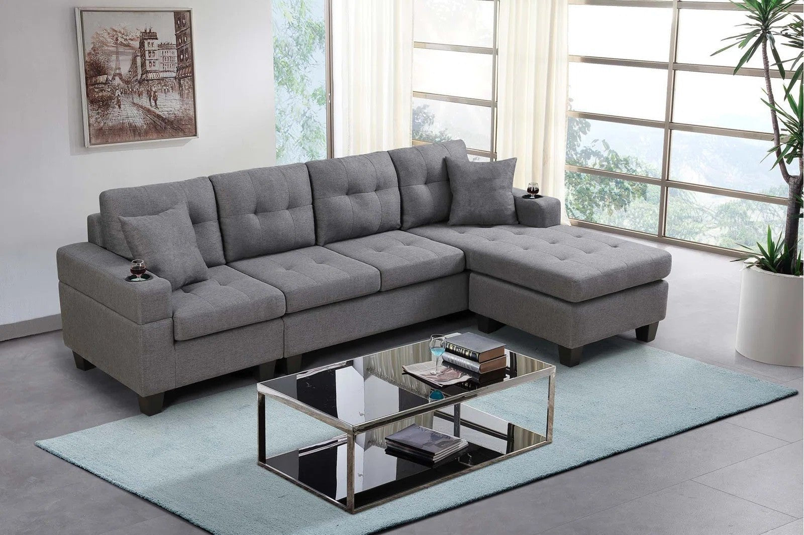 Reversible 4-Seater L-Shape Sectional Sofa with Chaise and Ottoman – Modern Upholstered Couch for Apartments and Small Living Rooms