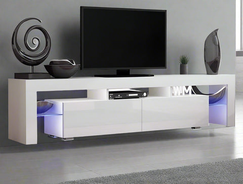 Modern RGB LED TV stand with lights under flat-screen TV
Black gloss entertainment unit with RGB lights in living room
White TV console with open shelving and LED lighting
Stylish high gloss media cabinet with mood lighting
Contemporary entertainment center for 75 inch TVs