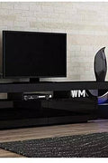 Modern RGB LED TV stand with lights under flat-screen TV
Black gloss entertainment unit with RGB lights in living room
White TV console with open shelving and LED lighting
Stylish high gloss media cabinet with mood lighting
Contemporary entertainment center for 75 inch TVs