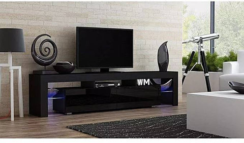 Modern RGB LED TV stand with lights under flat-screen TV
Black gloss entertainment unit with RGB lights in living room
White TV console with open shelving and LED lighting
Stylish high gloss media cabinet with mood lighting
Contemporary entertainment center for 75 inch TVs