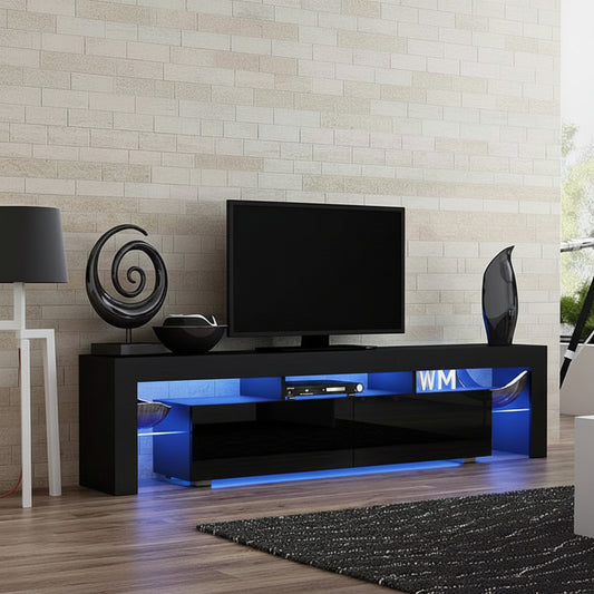 Modern RGB LED TV stand with lights under flat-screen TV
Black gloss entertainment unit with RGB lights in living room
White TV console with open shelving and LED lighting
Stylish high gloss media cabinet with mood lighting
Contemporary entertainment center for 75 inch TVs