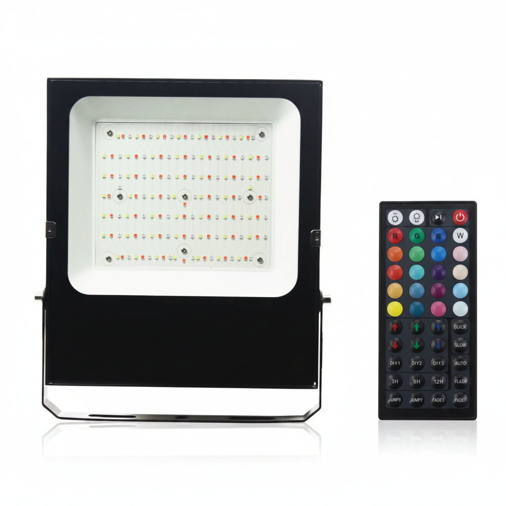 NEW RGB Remote Controlled LED Flood Light — 60W & 100W, 44 - Key Remote, IP66 Waterproof - with 60 Watt | Sold by Uncle Wiener's Wholesale