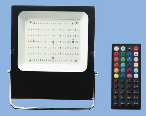 NEW RGB Remote Controlled LED Flood Light — 60W & 100W, 44 - Key Remote, IP66 Waterproof - with 60 Watt | Sold by Uncle Wiener's Wholesale
