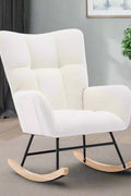 Gray ergonomic glider rocking chair for nursery with wood base
White soft upholstered rocking chair with curved wood base
Rocking chair for the living room with ergonomic support and plush padding
