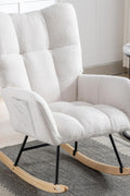 Gray ergonomic glider rocking chair for nursery with wood base
White soft upholstered rocking chair with curved wood base
Rocking chair for the living room with ergonomic support and plush padding