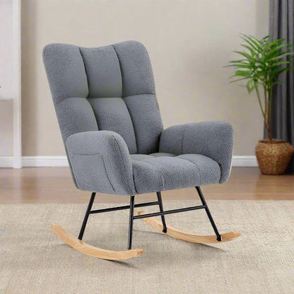 Gray ergonomic glider rocking chair for nursery with wood base
White soft upholstered rocking chair with curved wood base
Rocking chair for the living room with ergonomic support and plush padding