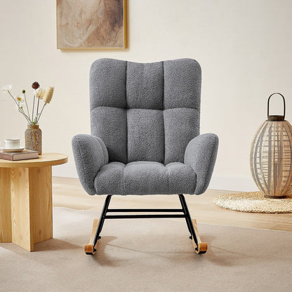 Gray ergonomic glider rocking chair for nursery with wood base
White soft upholstered rocking chair with curved wood base
Rocking chair for the living room with ergonomic support and plush padding
